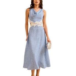 Commense Blue White Striped Lace Midi Dress NWT Large Open Back Cottagecore